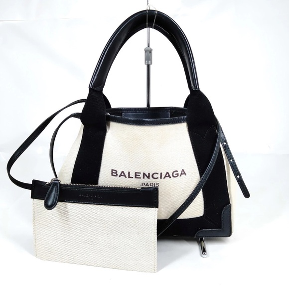EUC Balenciaga Black and Cream/Off-White Small Cabas Tote w/ Removable Pouch - Picture 1 of 9